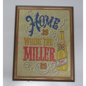 Vintage Home Is Where The Miller Is Framed Print Faux Needlepoint Sampler Beer